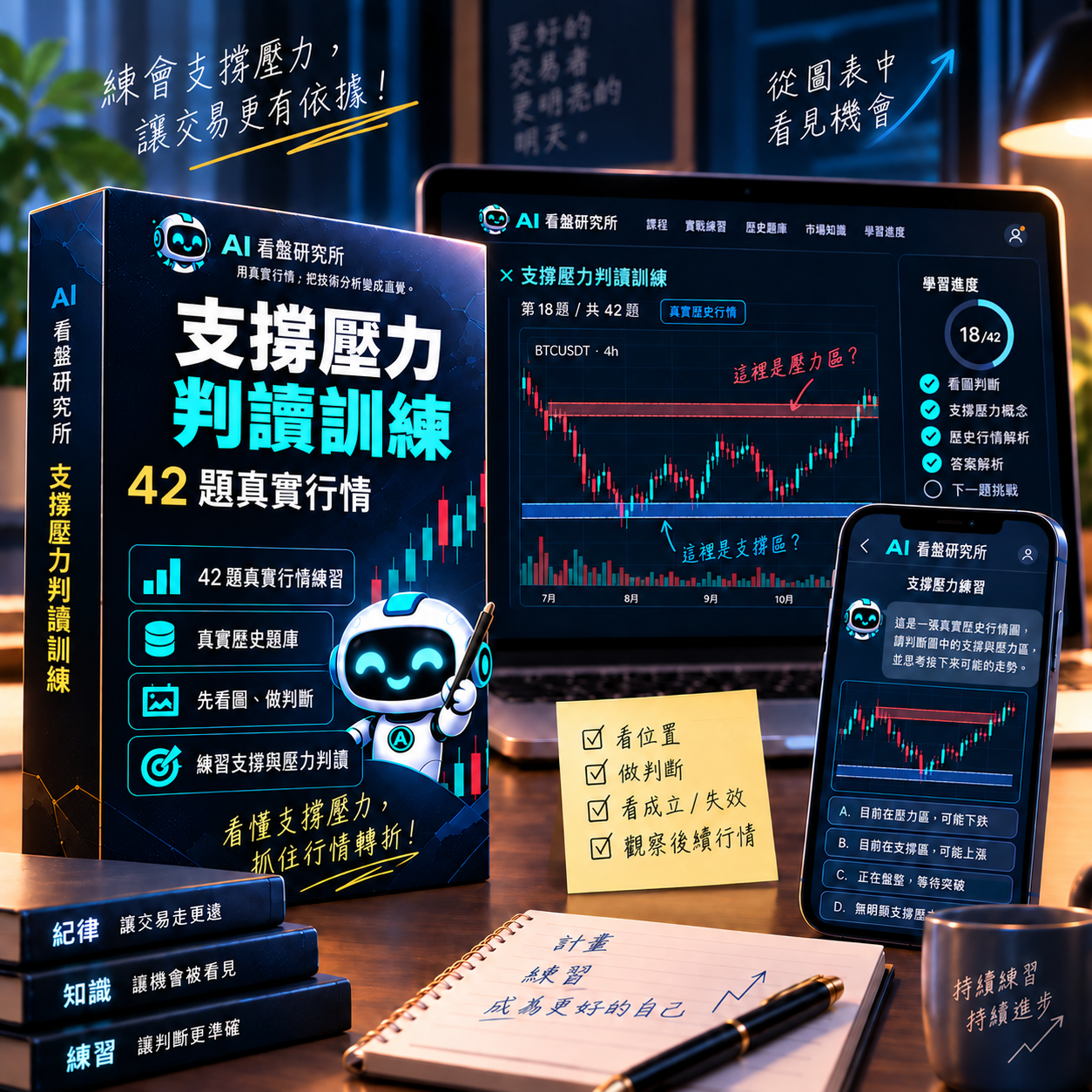 AI 看盤研究所支撐壓力判讀訓練示意畫面,包含真實行情練習與 42 題題庫