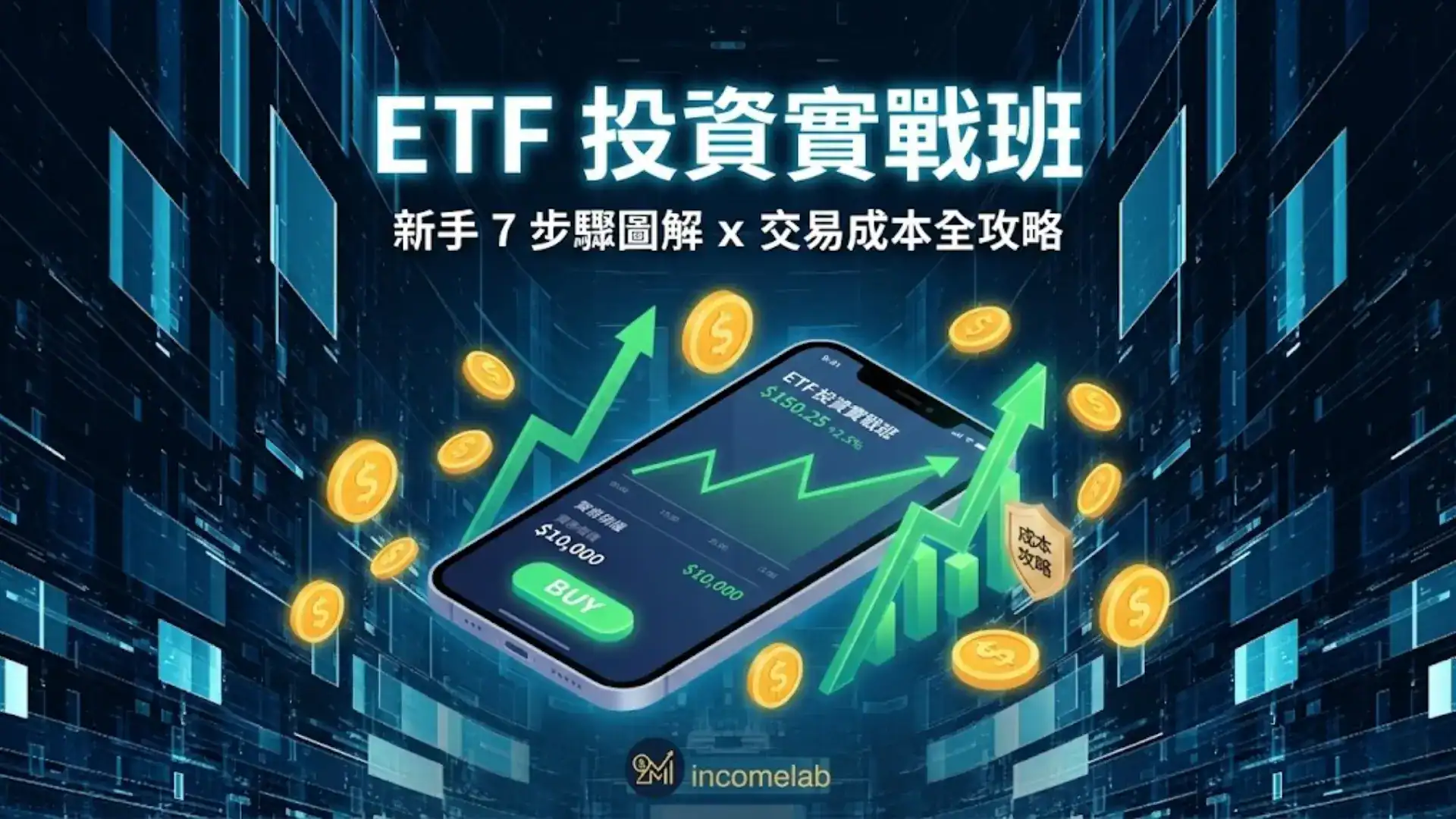 ETF怎麼買？手機APP下單介面示意圖，包含開戶、選股到成交的7個完整步驟教學。